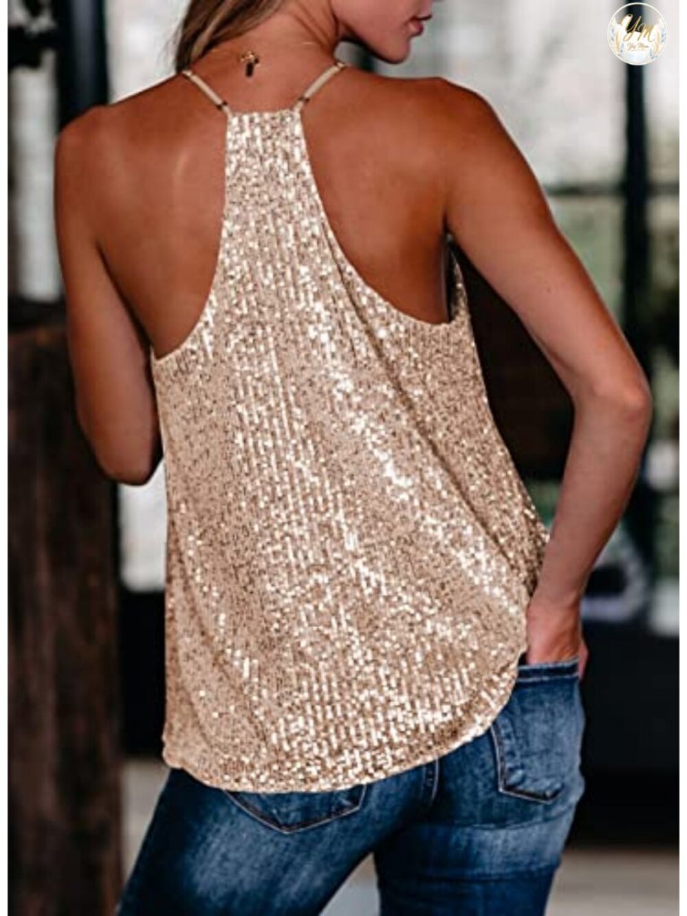 Sequined V-Neck Tank Top Sleeveless Racerback Cami Blouse Sparkle Party - Picture 2 of 6